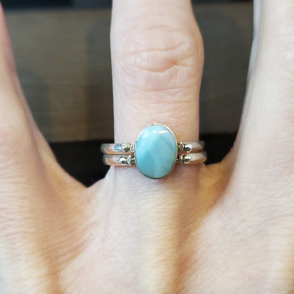 Size 8.25 925 Sterling Silver Larimar And Rough Red Shell Swap Ring